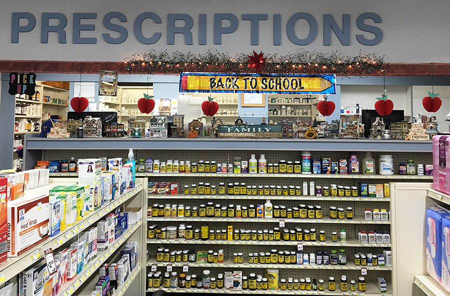 inside of Tioga Drug store and bottles of vitamins
